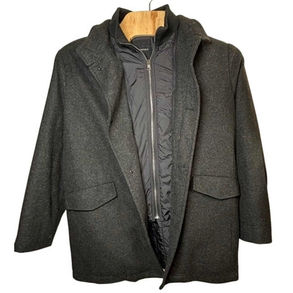 Banana Republic Black Wool Blend Full Zip Coat Inner Zip Bib Button Close XXL
